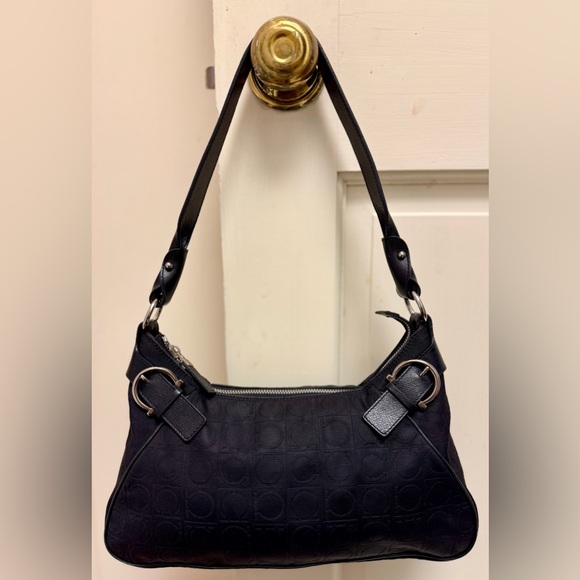 SALVATORE FERRAGAMO Silver Fittings Gancini Canvas Nylon Shoulder Bag Black/Red